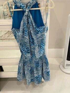 Ramy Brook Blue and White Halter Animal Print Mini Dress